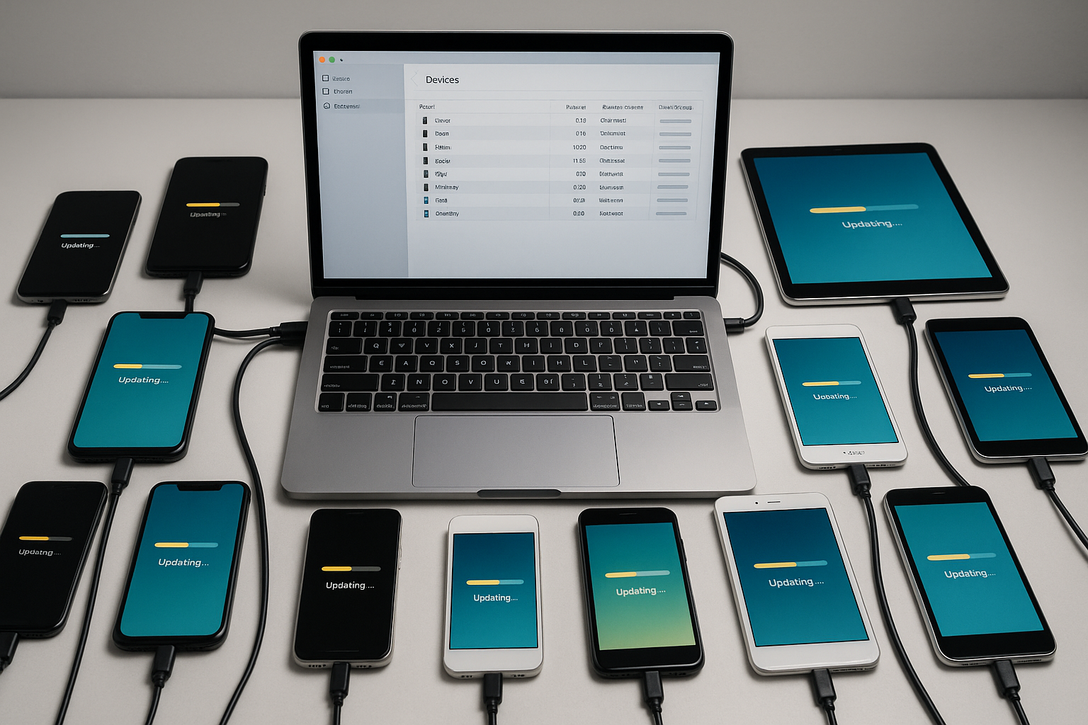 Please create an image which looks like real photo. On image we want to see 10 mobile devices connected to a laptop. Devices are being updated and we can see the load bar on their screens