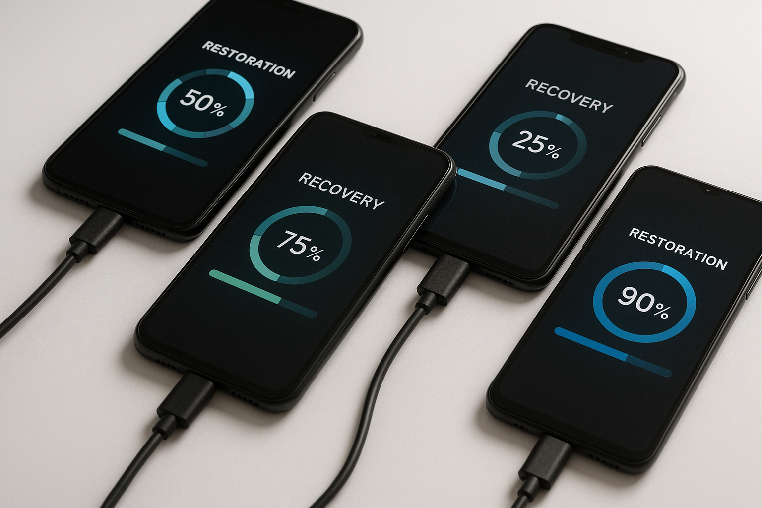 Please create an image which looks like a real photo. On the image we want a close look at four mobile phones. We can see that the phones are connected by cable. On the phone screens we want to see the line bar with a process of restoration