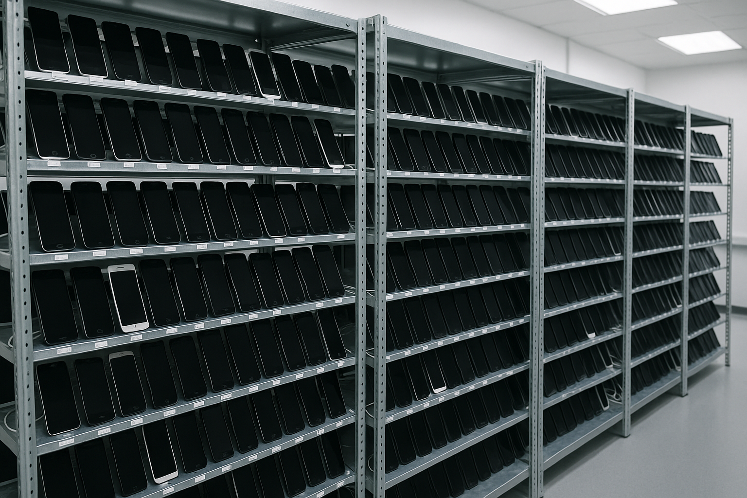 please create an image of hundreds of phones placed on shelves in a software testing lab. The phones are not lit on. The shelves are located one under another. The images must look like a real photo
