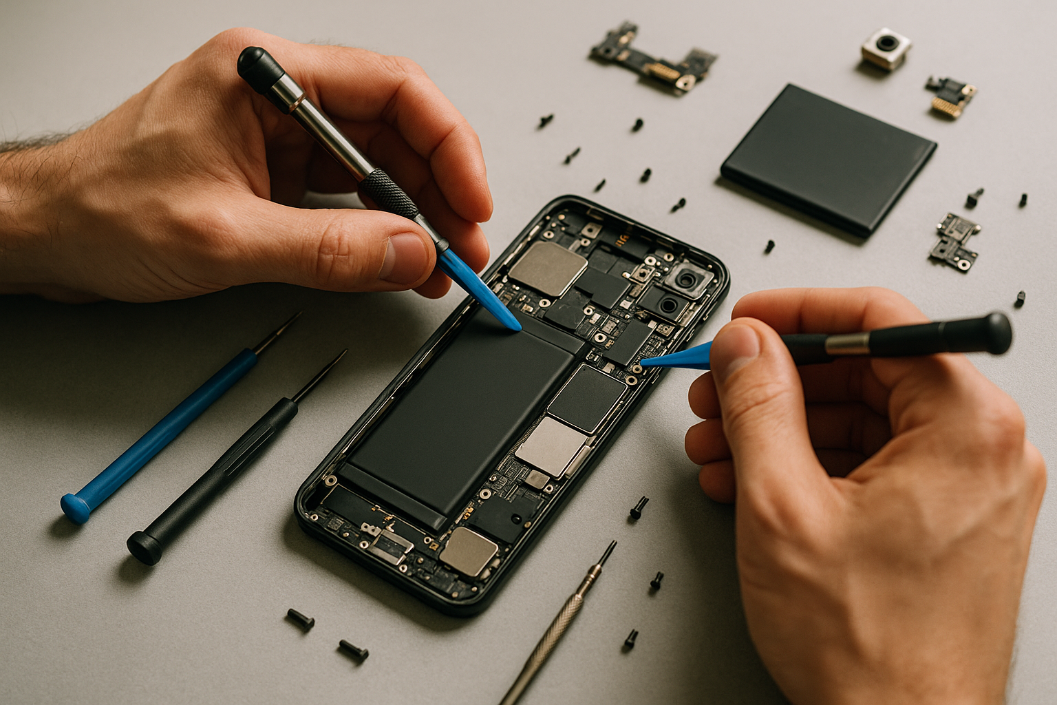 Please create an image that looks like a real photo. On the image we want to show phone recycling. We might show as a person changes parts in a mobile phone. We need a close look so we only see hands of the person rather than a person fully. The main focus must be on a mobile device