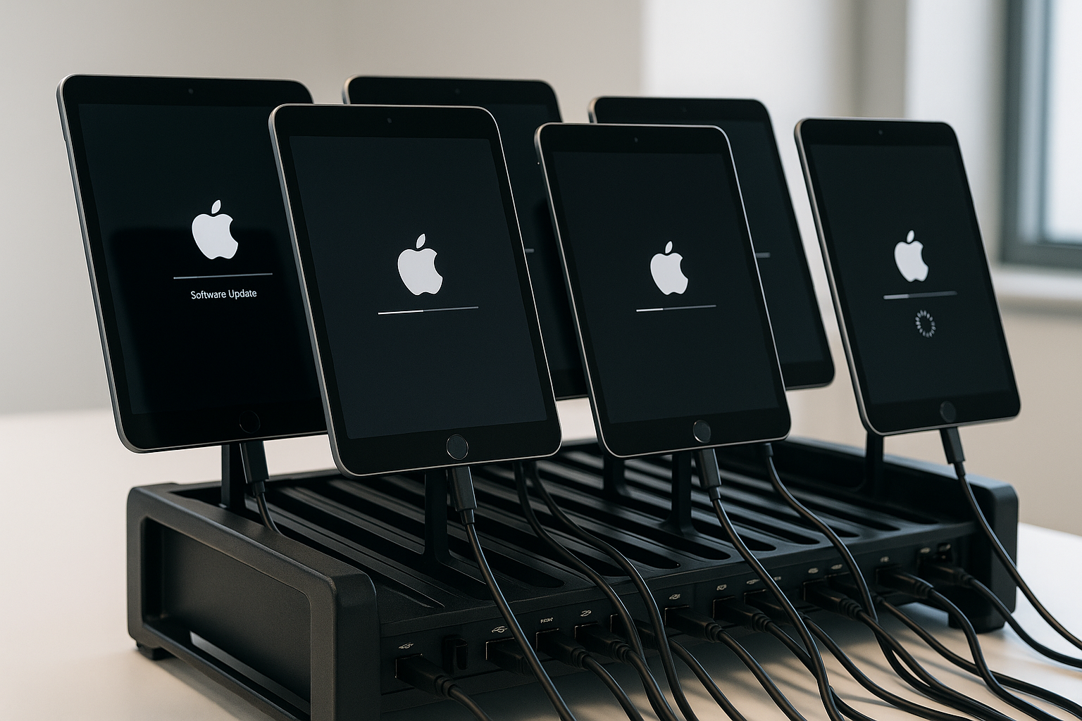 Please create an image which looks like a real photo. Multiple iPads are located at a special device stand and connected by cables. We want to get a clear understanding that iPads are updating or restoring