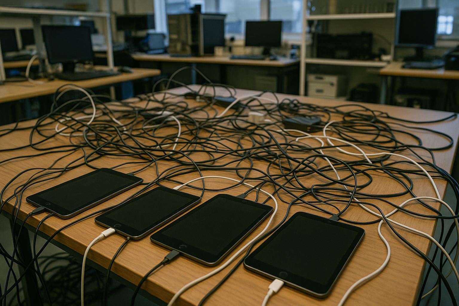 Please create an image which looks like a real photo. The photo is taken in an IT Team room, so it looks like something between a lab and an office. On photo we see a few iPads are laying on a desk and are connected by cables. The iPads are surrounded by multiple cables, its a cable clutter on the desk and a bit on a mess